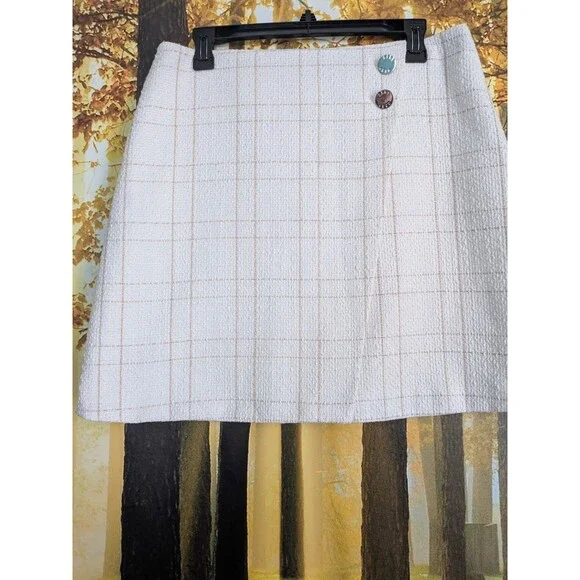 DKNY Mini Skirt Women's 10 Beige White Plaid Tweed Textured Lined Asymmetrical - Picture 4 of 14
